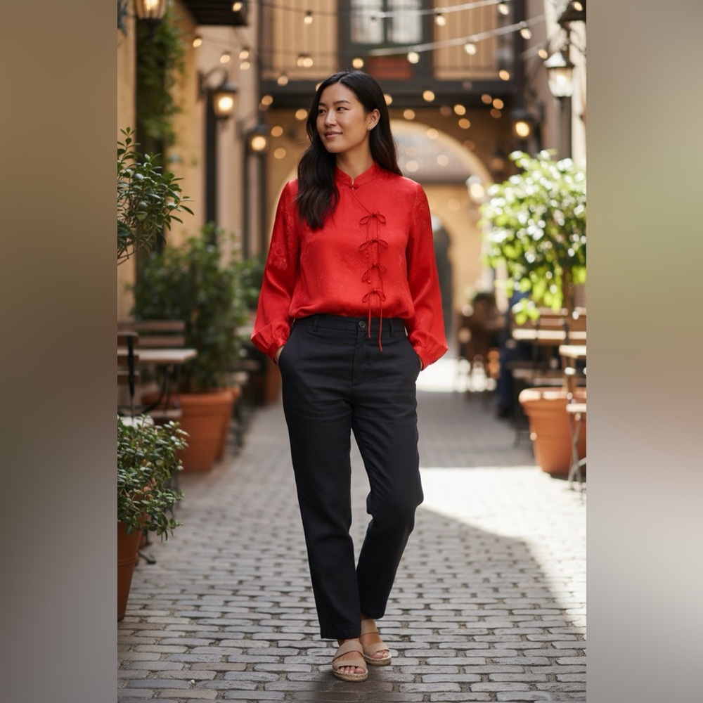 Vintage Red Satin Mandarin Collar Blouse